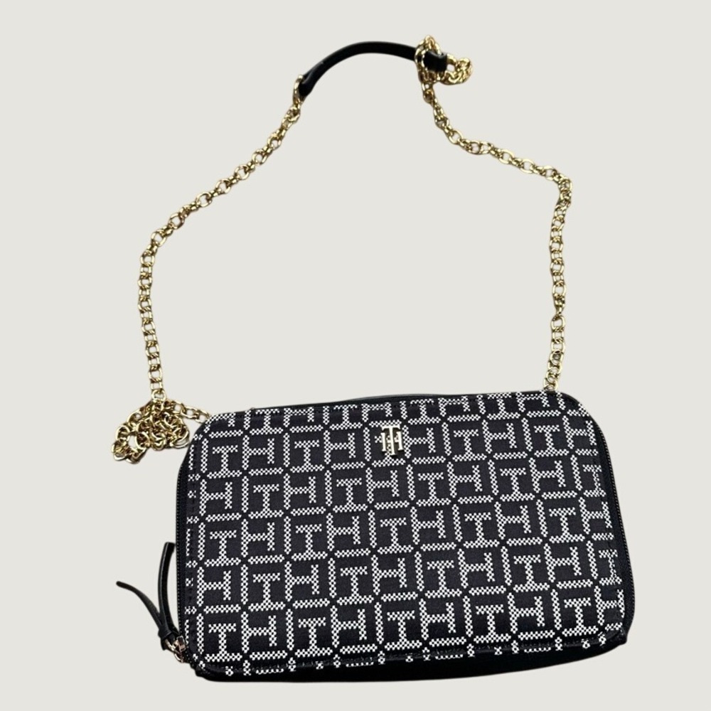 Tommy Hilfiger Monogram Crossbody Bag Black White Gold Chain Bag